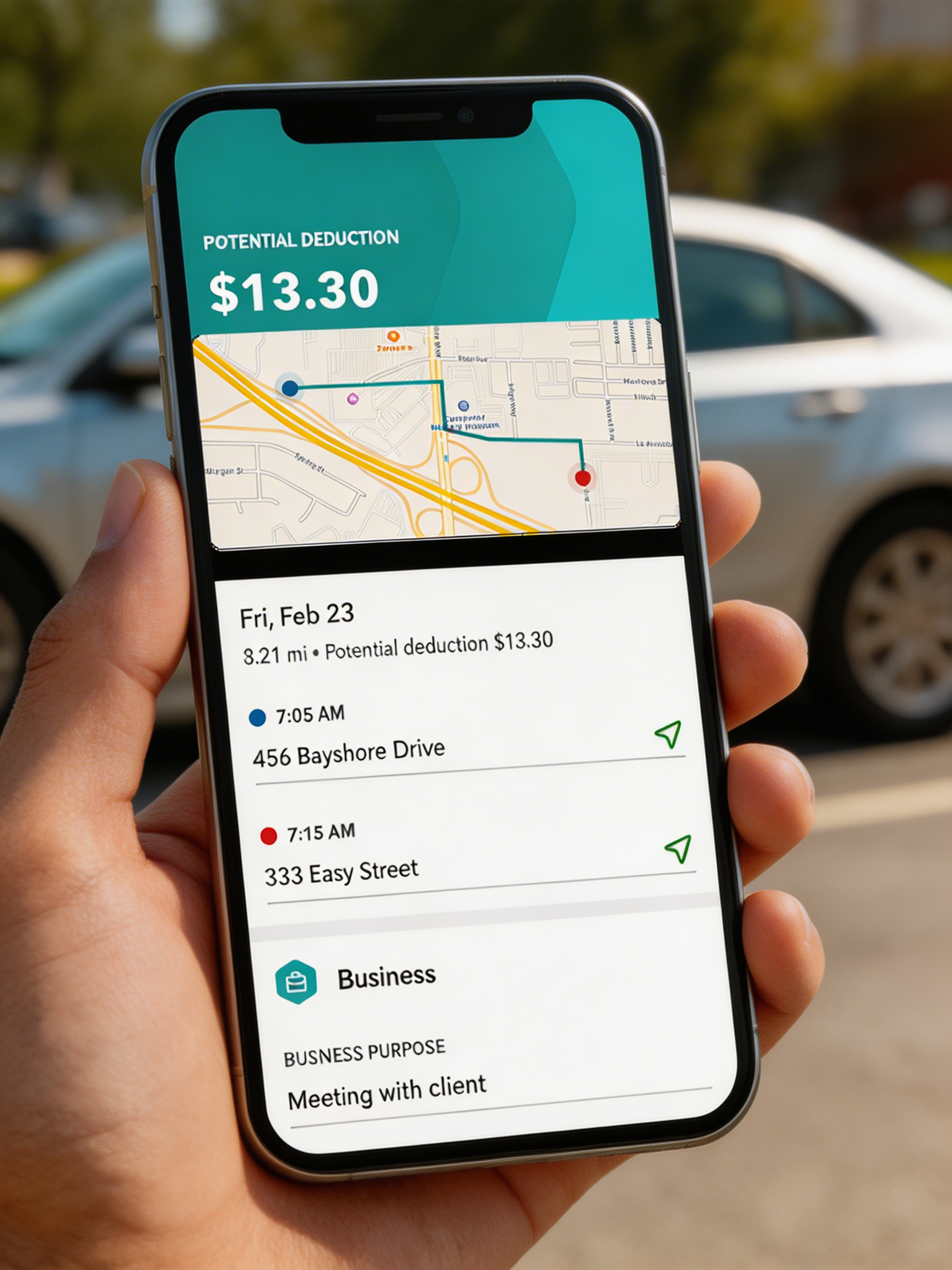 Hand holding phone showing QuickBooks mileage tracker